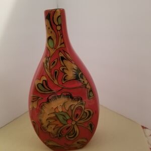 Unk High Gloss Ceramic Red and Gold Floral Vase